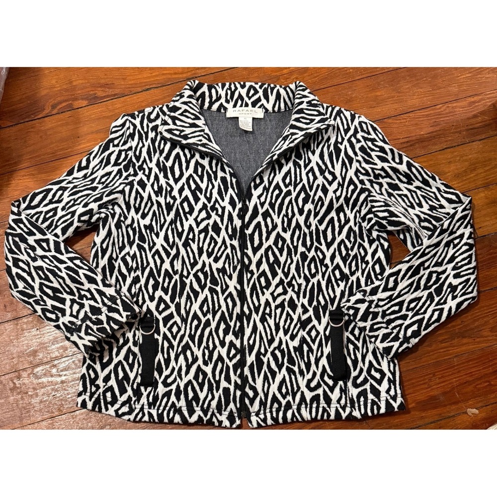 Rafael Sport Womens PS Black White Geometric Ikat Zip Up Knit Jacket D-Ring PS‎